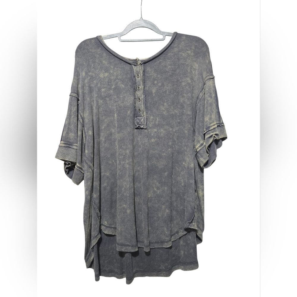 NEW Sewn + Seen Oversized Mineral Wash Gray Scoop Neck Henley Large